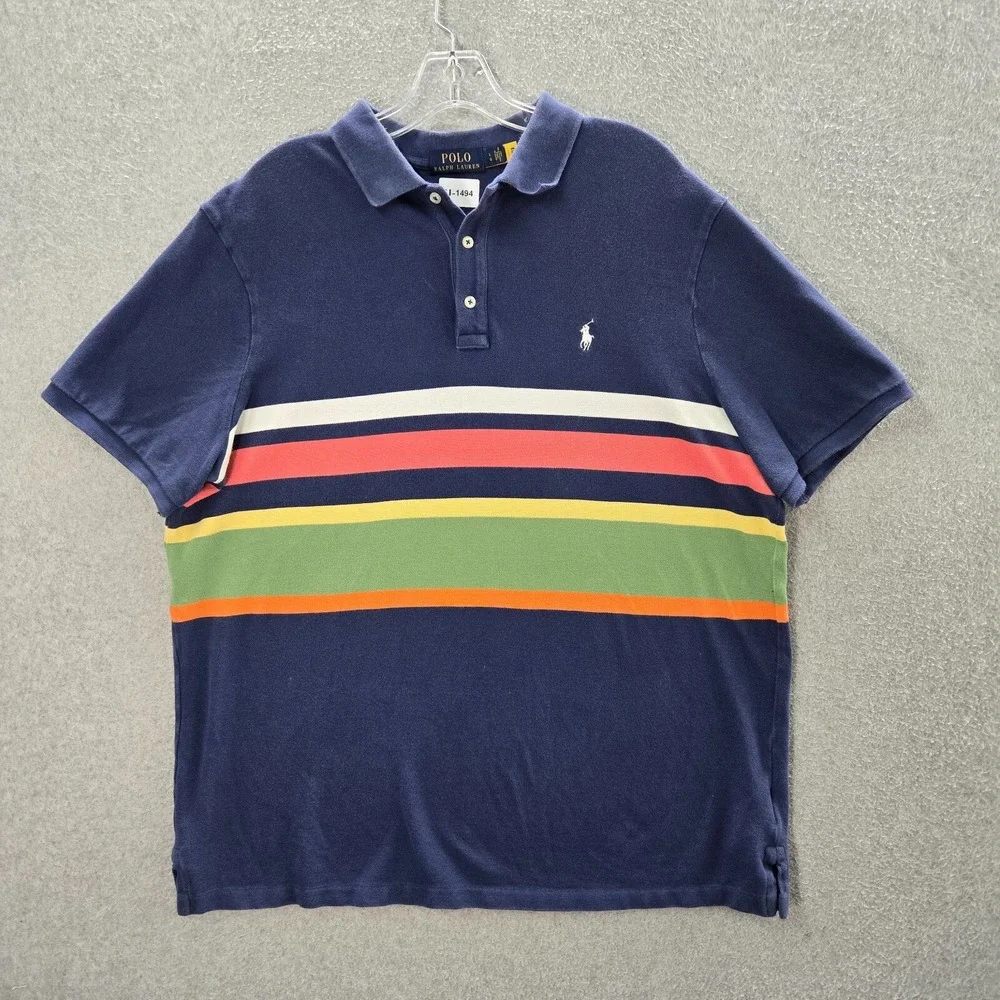 Ralph Lauren Men Polo Shirt Large Blue Striped‎ Collar Short Sleeve Cotton